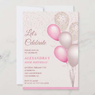 88th birthday invitations Pink Balloons Confetti
