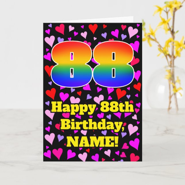 88th Birthday: Loving Hearts Pattern, Rainbow # 88 Card (Yellow Flower)