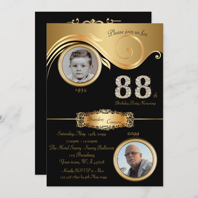 88th,Birthday Man 88th,elegant art deco,black gold Invitation (Front/Back)