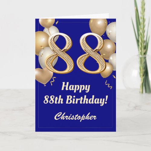 88th Birthday Navy Blue and Gold Balloons Confetti Card
