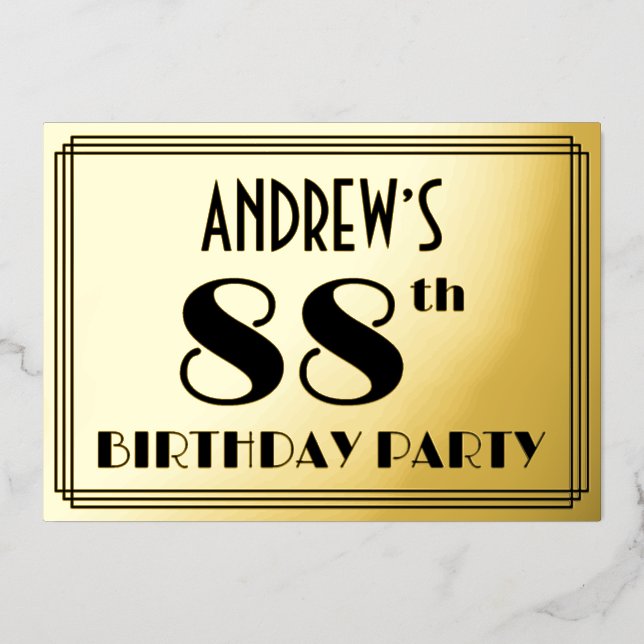 88th Birthday Party — Art Deco Look “88” + Name Foil Invitation (Front)