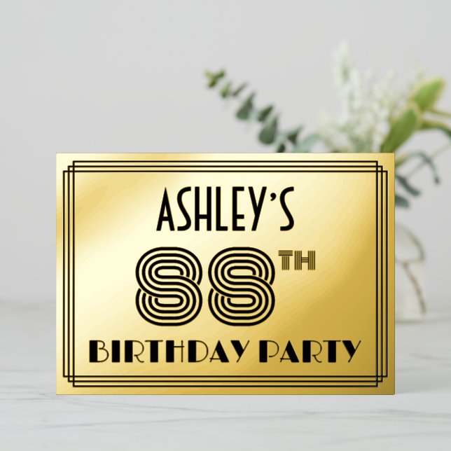 88th Birthday Party — Art Deco Style “88” & Name Foil Invitation (Standing Front)