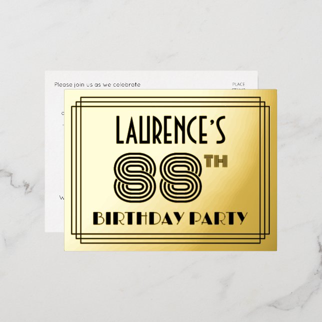 88th Birthday Party ~ Art Deco Style “88” + Name Foil Invitation Postcard (Front/Back)