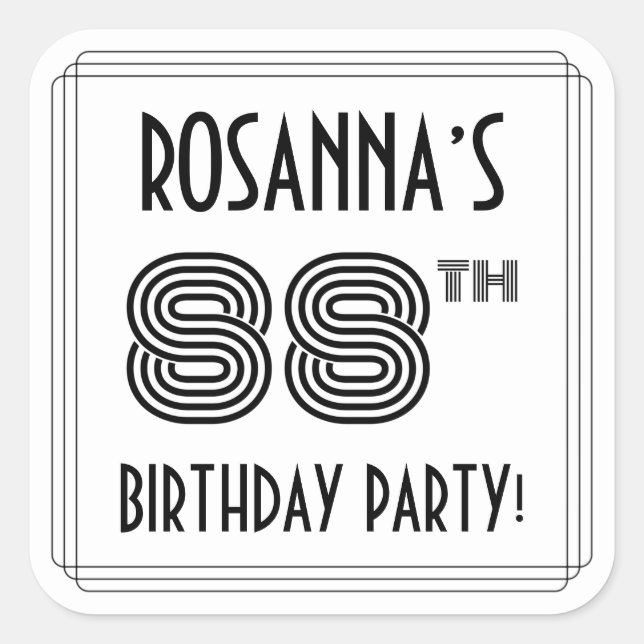 88th Birthday Party: Art Deco Style + Custom Name Square Sticker (Front)
