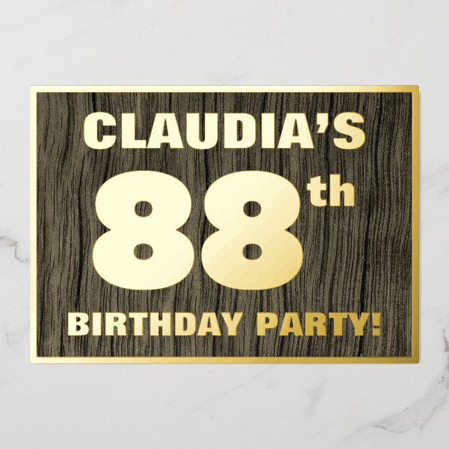 88th Birthday Party: Bold, Faux Wood Grain Pattern Foil Invitation (Front)