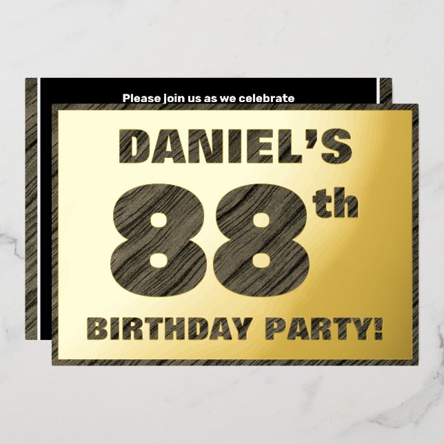 88th Birthday Party — Bold, Faux Wood Grain Text Foil Invitation (Front/Back)