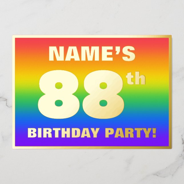 88th Birthday Party: Fun, Colorful Rainbow Pattern Foil Invitation (Front)