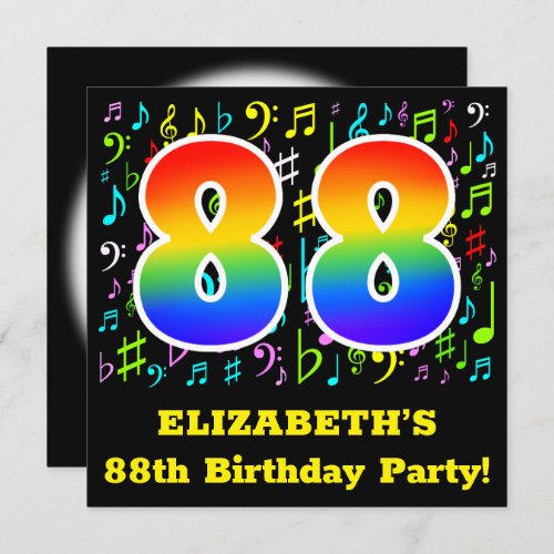 88th Birthday Party Fun Music Symbols Rainbow 88 Invitation