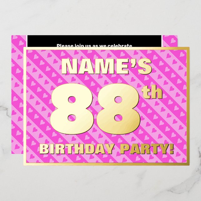 88th Birthday Party — Fun Pink Hearts and Stripes Foil Invitation (Front/Back)