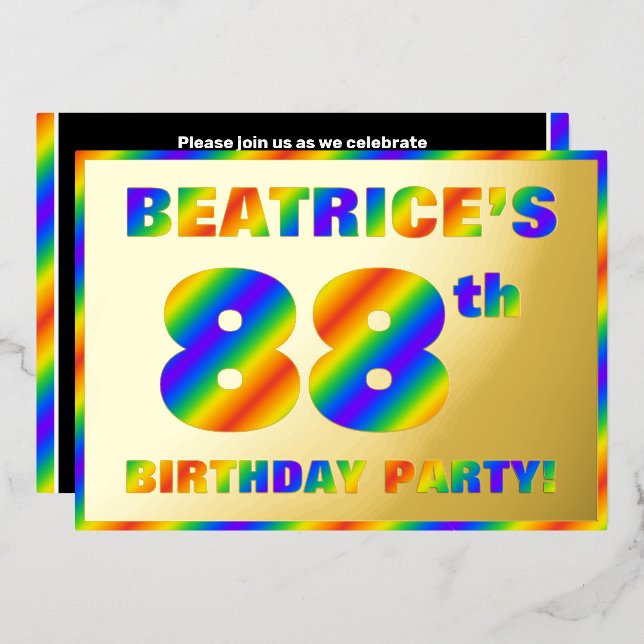88th Birthday Party — Fun, Rainbow Spectrum “88” Foil Invitation (Front/Back)