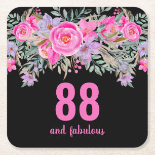 88th birthday pink black floral  square paper coaster