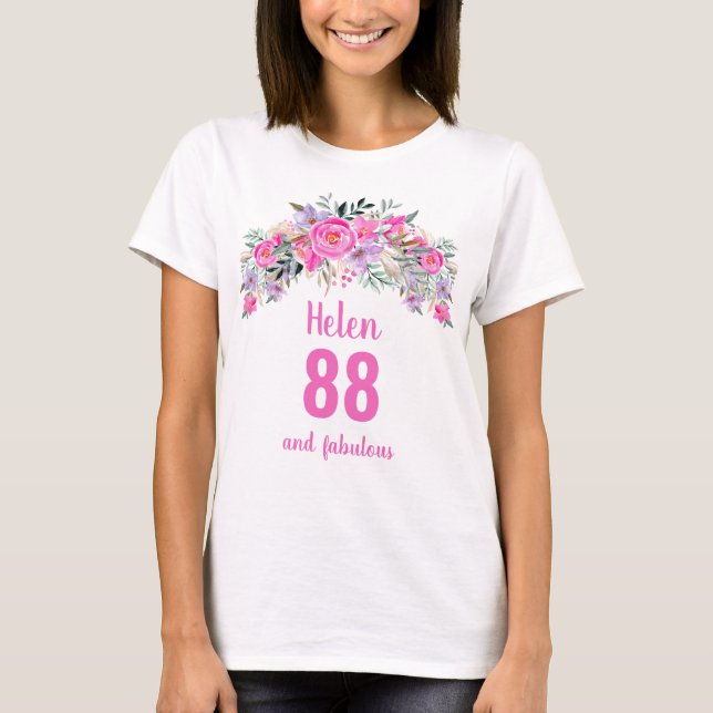 88th birthday pink floral name T-Shirt (Front)