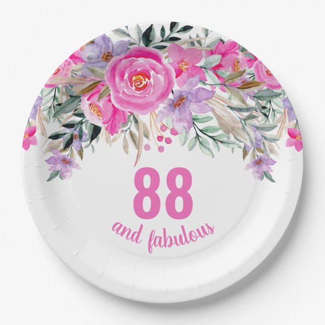 88th birthday pink floral  paper plates (Front)