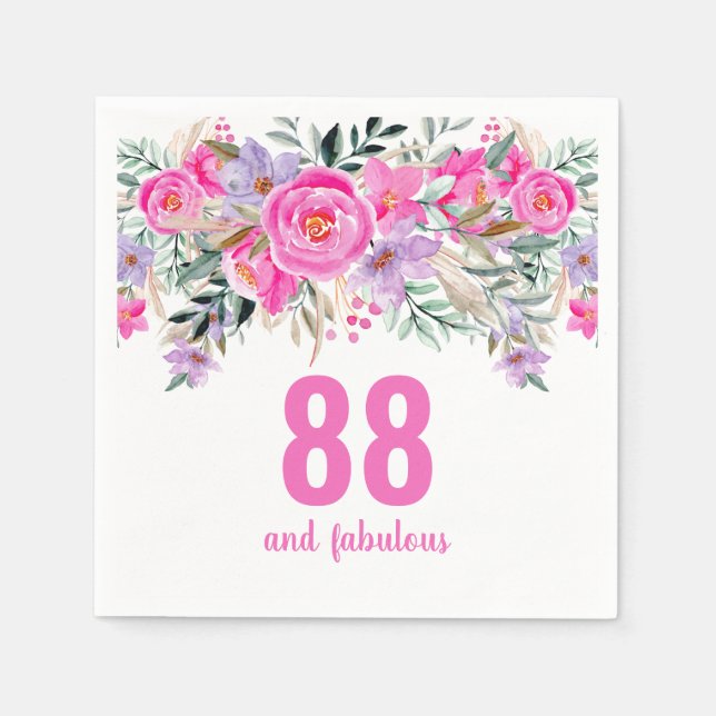 88th birthday pink floral party napkins (Front)