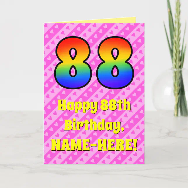 88th Birthday: Pink Stripes & Hearts, Rainbow # 88 Card | Zazzle