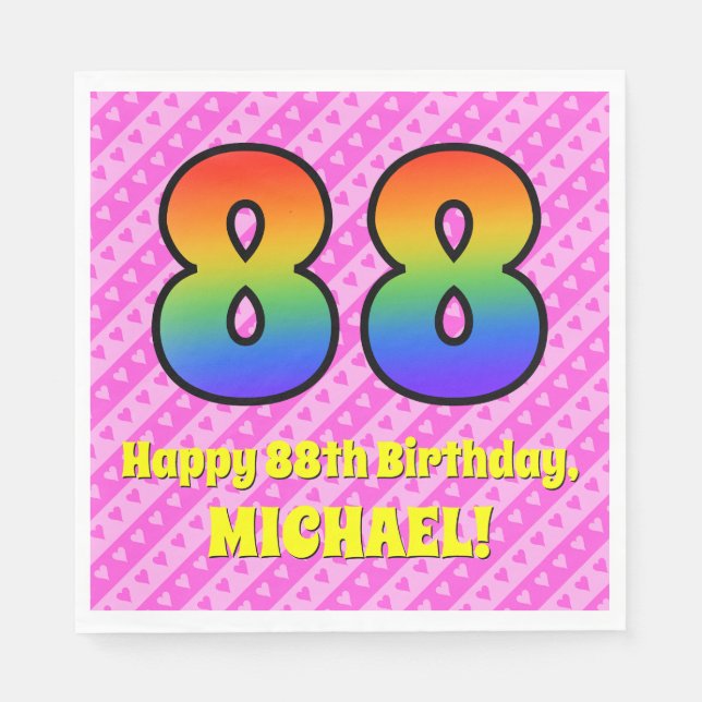 88th Birthday: Pink Stripes & Hearts, Rainbow # 88 Napkins (Front)