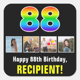 88th Birthday: Rainbow “88”; Custom Photos & Name Square Sticker