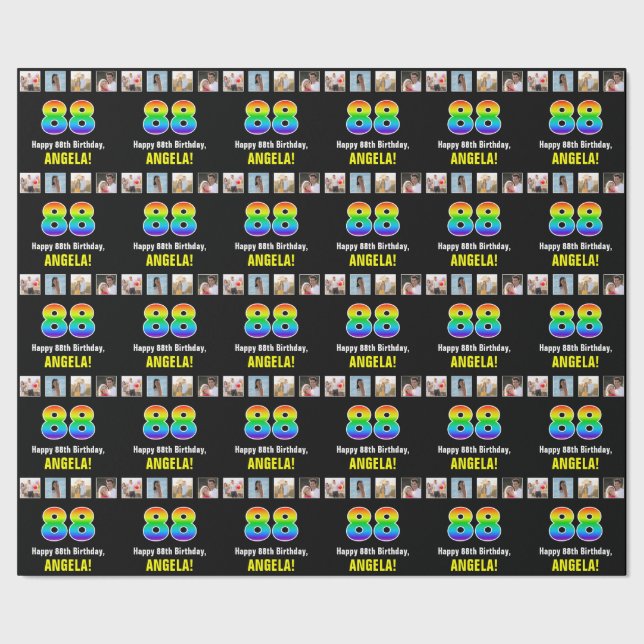 88th Birthday: Rainbow “88“; Custom Photos & Name Wrapping Paper (Seam)