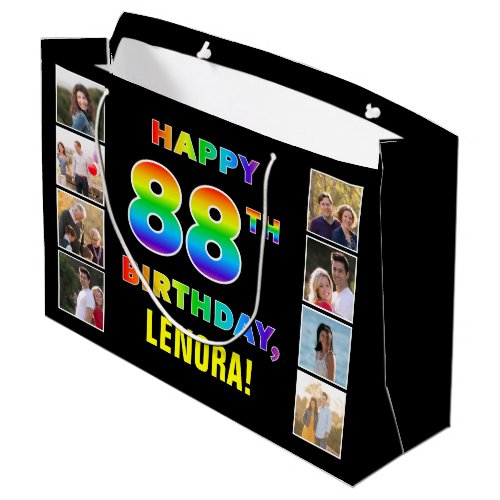 88th Birthday Rainbow Text Custom Photos  Name Large Gift Bag
