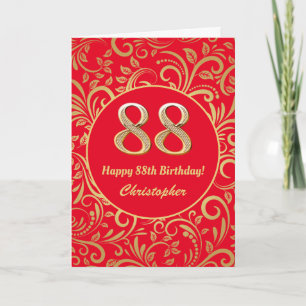 88th Birthday Red and Gold Floral Pattern Card
