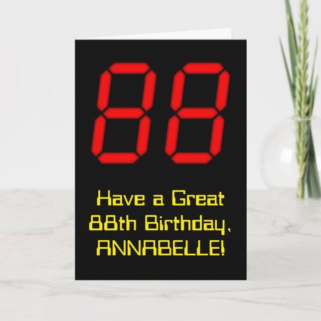 88th Birthday: Red Digital Clock Style "88" + Name Card (Front)