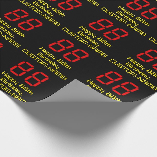 88th Birthday: Red Digital Clock Style "88" + Name Wrapping Paper (Corner)