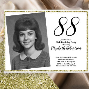 88th Custom Photo White and Gold Birthday Invitation