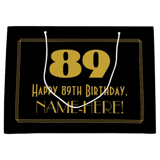 89th Birthday — Art Deco Inspired Look "89" & Name Large Gift Bag (Front)