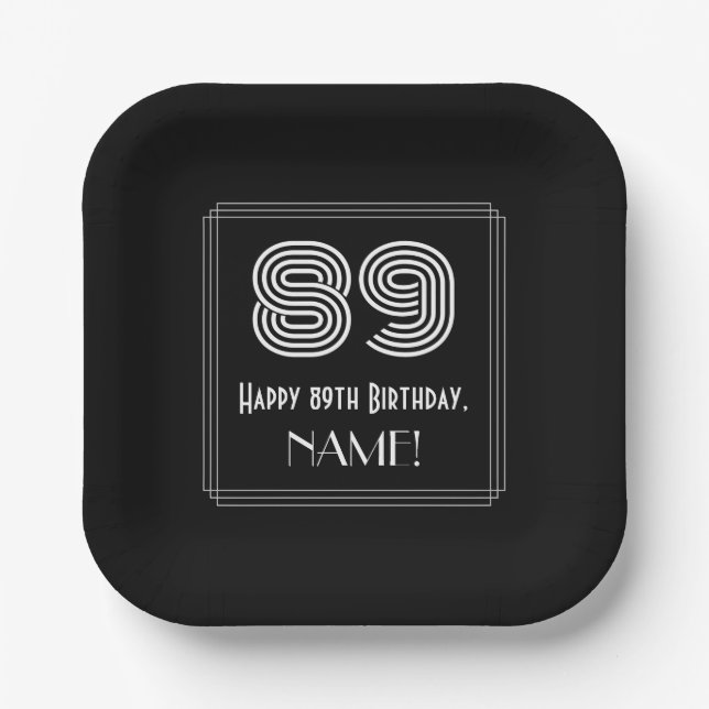 89th Birthday — Art Deco Inspired Look “89” + Name Paper Plates (Front)