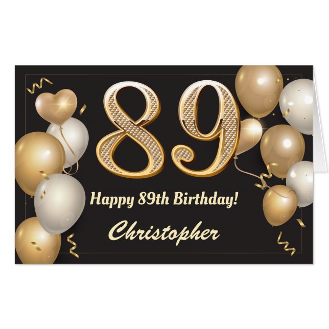 89th Birthday Black and Gold Balloons Extra Large Card (Front Horizontal)