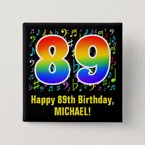 89th Birthday Colorful Music Symbols Rainbow 89 Button