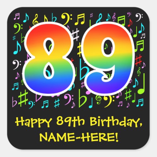 89th Birthday Colorful Music Symbols Rainbow 89 Square Sticker