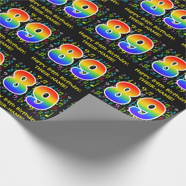 89th Birthday: Colorful Music Symbols, Rainbow 89 Wrapping Paper (Corner)