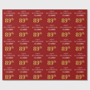 89th Birthday: Elegant, Red, Faux Gold Look Wrapping Paper
