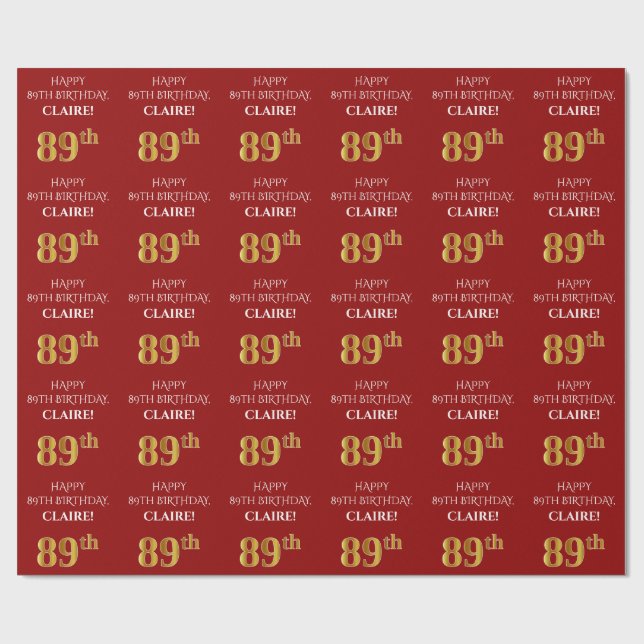 89th Birthday: Elegant, Red, Faux Gold Look Wrapping Paper (Flat)