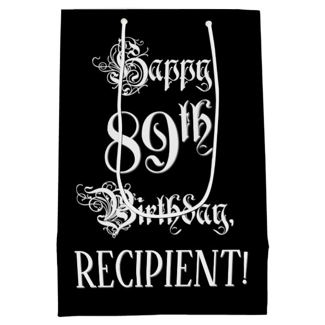 89th Birthday: Fancy, Elegant Script + Custom Name Medium Gift Bag (Back)