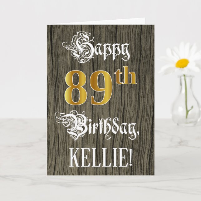 89th Birthday: Faux Gold Look + Faux Wood Pattern Card (Small Plant)
