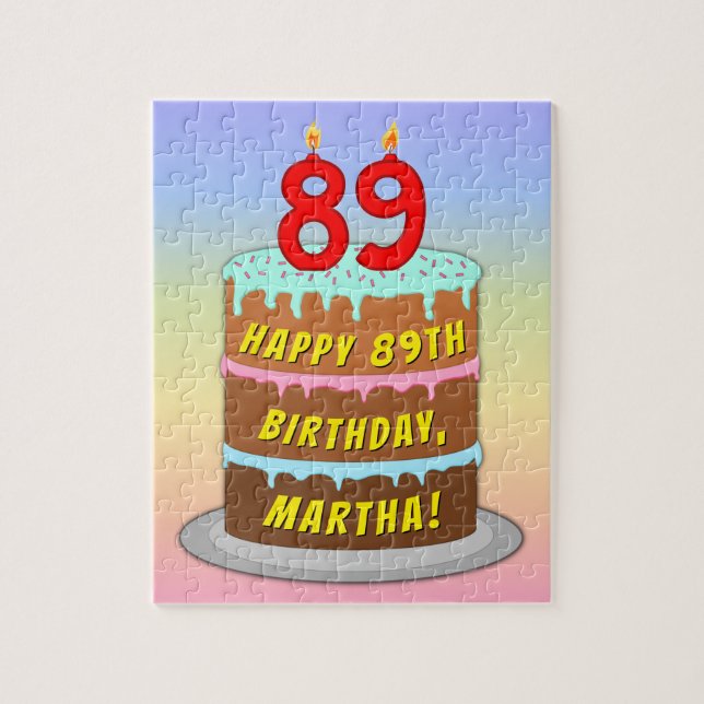 89th Birthday: Fun Cake and Candles + Custom Name Jigsaw Puzzle (Vertical)