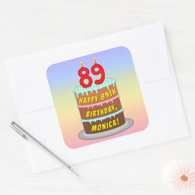 89th Birthday: Fun Cake and Candles + Custom Name Square Sticker (Envelope)