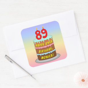 89th Birthday: Fun Cake and Candles + Custom Name Square Sticker
