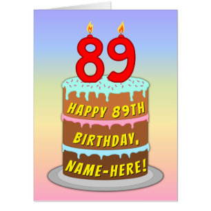 89th Birthday: Fun Cake & Candles, w/ Custom Name Card