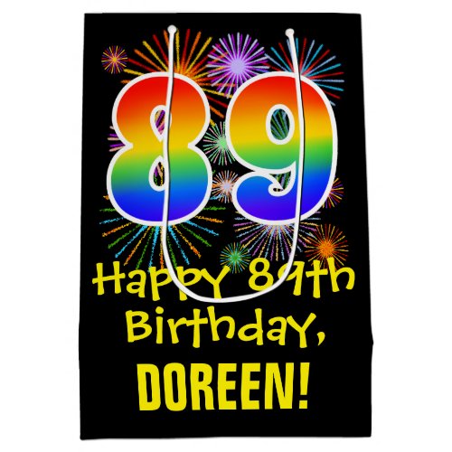 89th Birthday Fun Fireworks Pattern  Rainbow 89 Medium Gift Bag