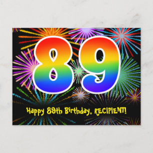 89th Birthday – Fun Fireworks Pattern + Rainbow 89 Postcard
