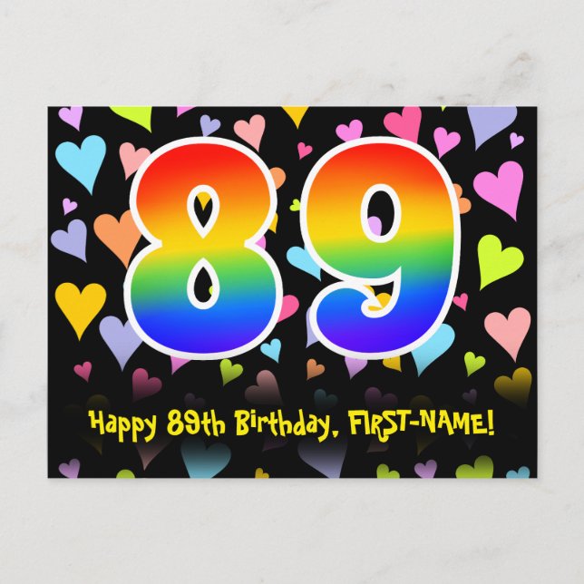 89th Birthday: Fun Hearts Pattern, Rainbow 89 Postcard (Front)