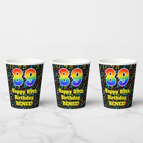 89th Birthday Fun Music Notes Pattern Rainbow 89 Paper Cups