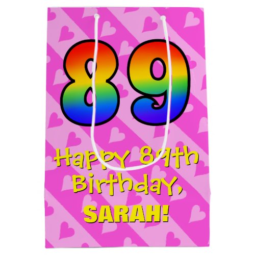 89th Birthday Fun Pink Hearts Stripes Rainbow 89 Medium Gift Bag