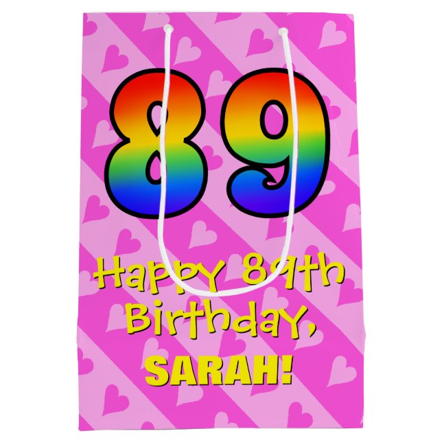 89th Birthday: Fun Pink Hearts Stripes; Rainbow 89 Medium Gift Bag (Back)