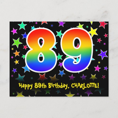 89th Birthday Fun Stars Pattern Rainbow 89 Name Postcard