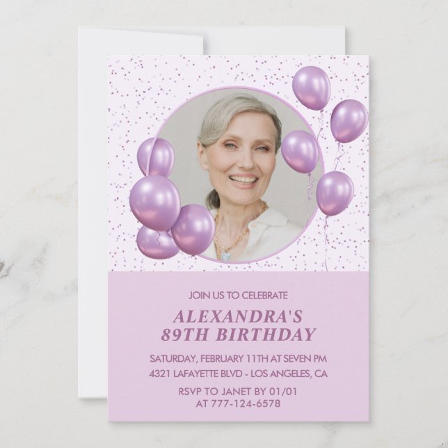 89th birthday invitations Photo Purple Balloons (Front)