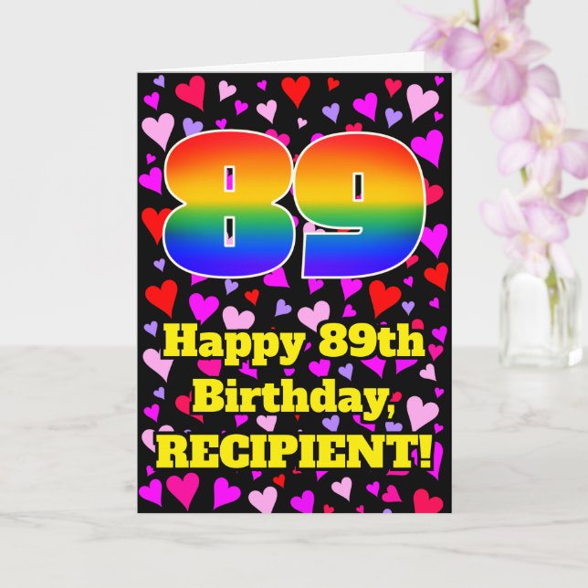 89th Birthday: Loving Hearts Pattern, Rainbow # 89 Card (Orchid)
